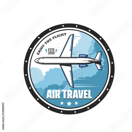 Air travel icon. Airline charter flight retro emblem, aircraft transportation industry vintage emblem. Aviation travel vector badge with passenger airplane flying in clouds
