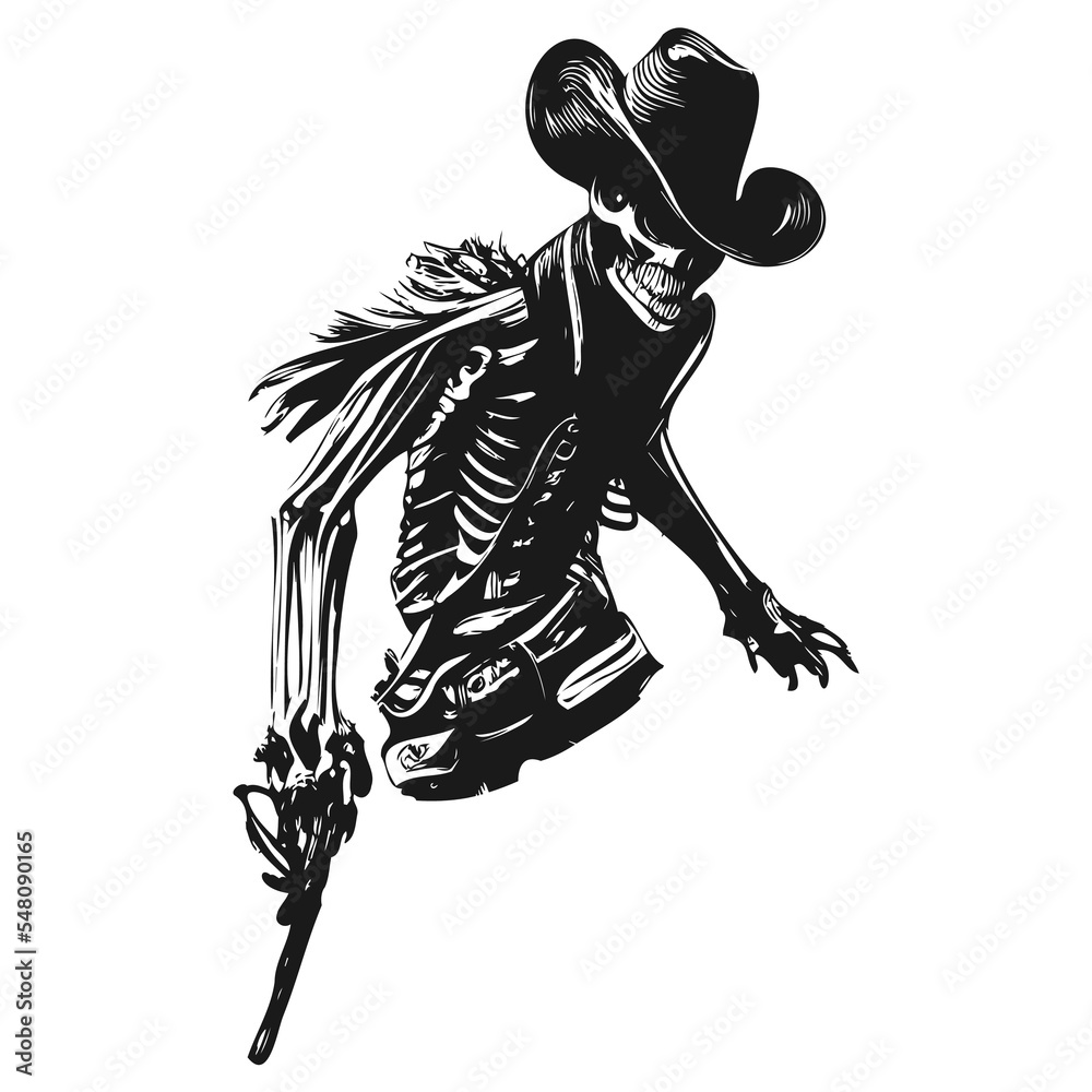 cowboy skull with guns tattoo hand drawn vector black and white clip