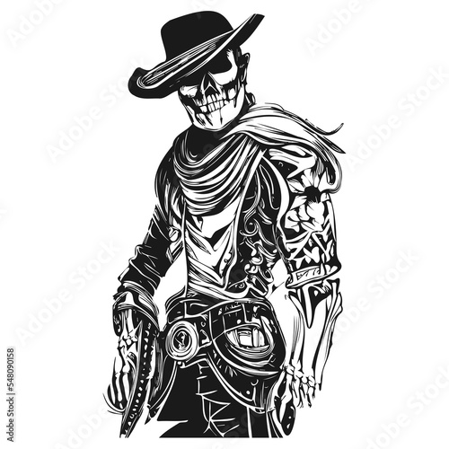 cowboy skeleton with guns tattoo hand drawn vector black and white clip art