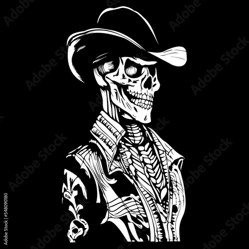 outlaw cowboy skull tattoo hand drawn vector black and white clip art