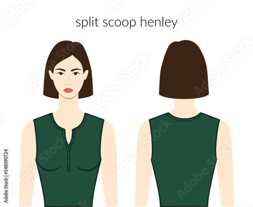 Split scoop henley neckline clothes knits, sweaters character beautiful lady in emerald top, shirt, dress technical fashion illustration. Flat apparel template front, back sides. Women, men CAD mockup