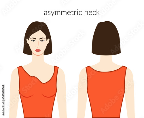 Asymmetric neckline clothes character beautiful lady in orange top, shirt, dress technical fashion illustration with fitted body. Flat apparel template front, back sides. Women, men unisex CAD mockup