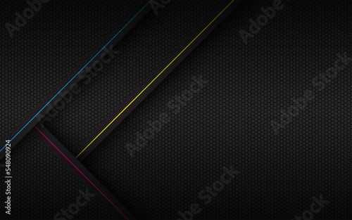 Black abstract cmyk background. Overlapped layers with diagonal lines in cmyk colors and hexagonal texture. Print dark metal design. Vector illustration