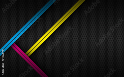 Dark cmyk abstract print background. Metal wallpaper with overlayed layers with lines in cmyk colors. Teplate with hexagonal metallic texture. Vector illustration