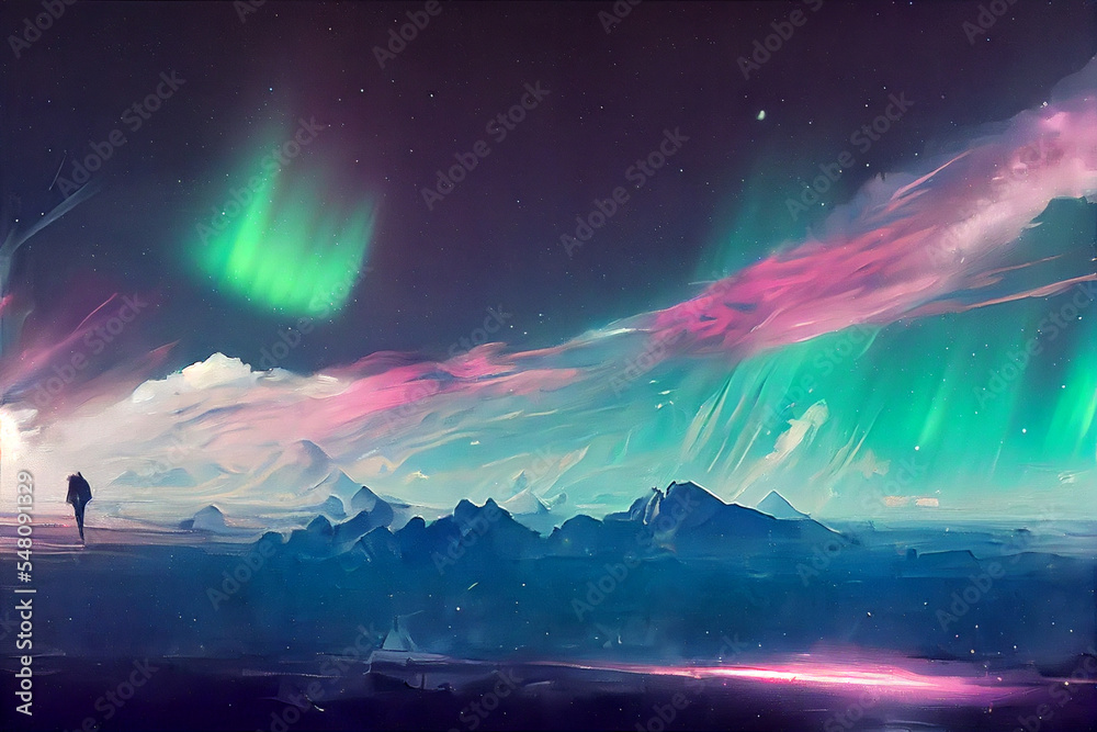 aurora borealis over the mountains digital art