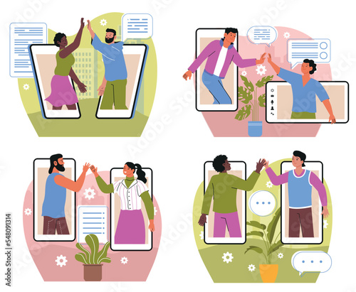 Virtual meeting illustration set. Couples, colleagues or friends greeting each other through smartphone screens. High five gesture. Cartoon flat vector collection isolated on white background