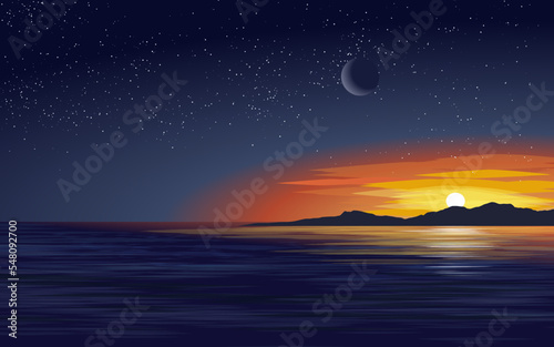 Calm sunset over ocean with island, moon and stars