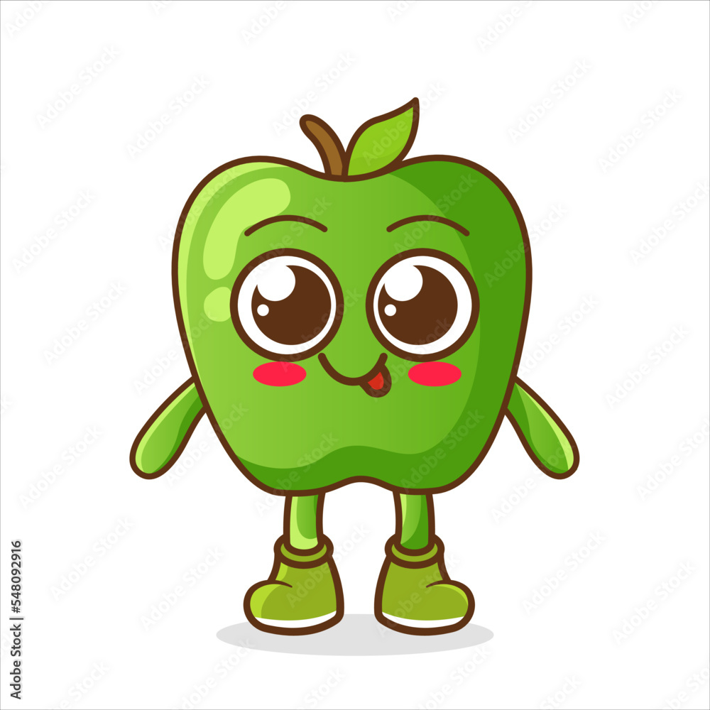 Vector illustration of cute green apple cartoon character isolated on white background. Smiling Green Apple Vector illustration of cute green apple cartoon character isolated on white background. Smiling Green Apple