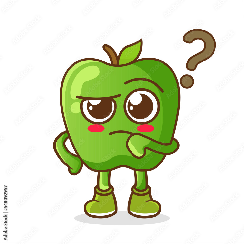 Obraz premium Cute apple with question mark character. Vector flat cartoon character illustration icon design. Isolated on white background. Apple thinking concept