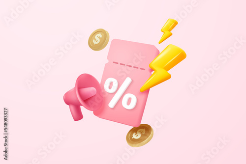 3D coupon icon with megaphone speaker for sales and shopping online, discount coupon of cash. flash lightning on time alert notice special offer promotion. 3d price tag icon vector render illustration
