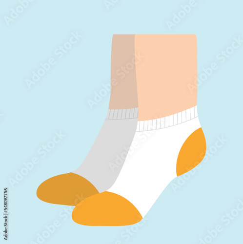 Stylish socks with print. Poster with legs in short sports socks. Fashion leg wear, accessory or clothing. Design element for online store or app. Cartoon flat vector illustration on blue background