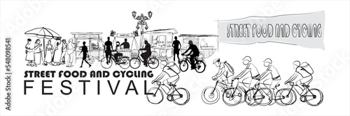 Vector illustration of Festival of street vendors and cyclists on a busy pedestrian street. Tasty meatballs = delicious meatballs, Chicken satay = chicken satay, Dawet ayu = Central Javanese tradition