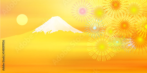 富士山　新年　花火　背景
