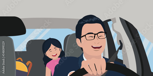 young asian mother driving kid daughter to school happy and smiling