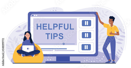 Helpful tips in laptop. Man and woman next to tablet, modern technology and the digital world. Gadgets and devices. Application and program. Poister or banner. Cartoon flat vector illustration