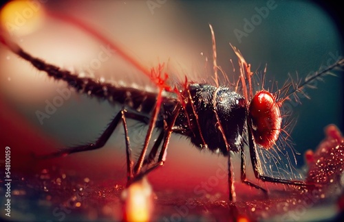 A mosquito is sucking human blood in a close-up shot. Aphis is capable of transmitting many diseases, including malaria, yellow fever, chikungunya, dengue, Zika, leishmaniasis, encephalitis. 3D render © bennymarty