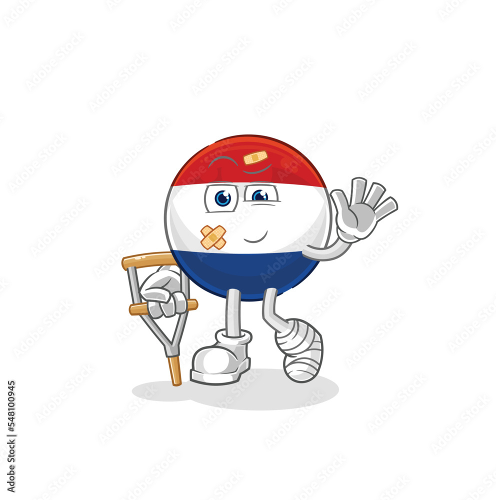 Netherlands sick with limping stick. cartoon mascot vector