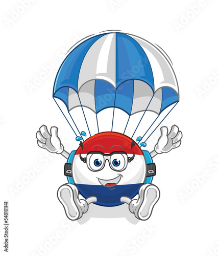 Netherlands skydiving character. cartoon mascot vector
