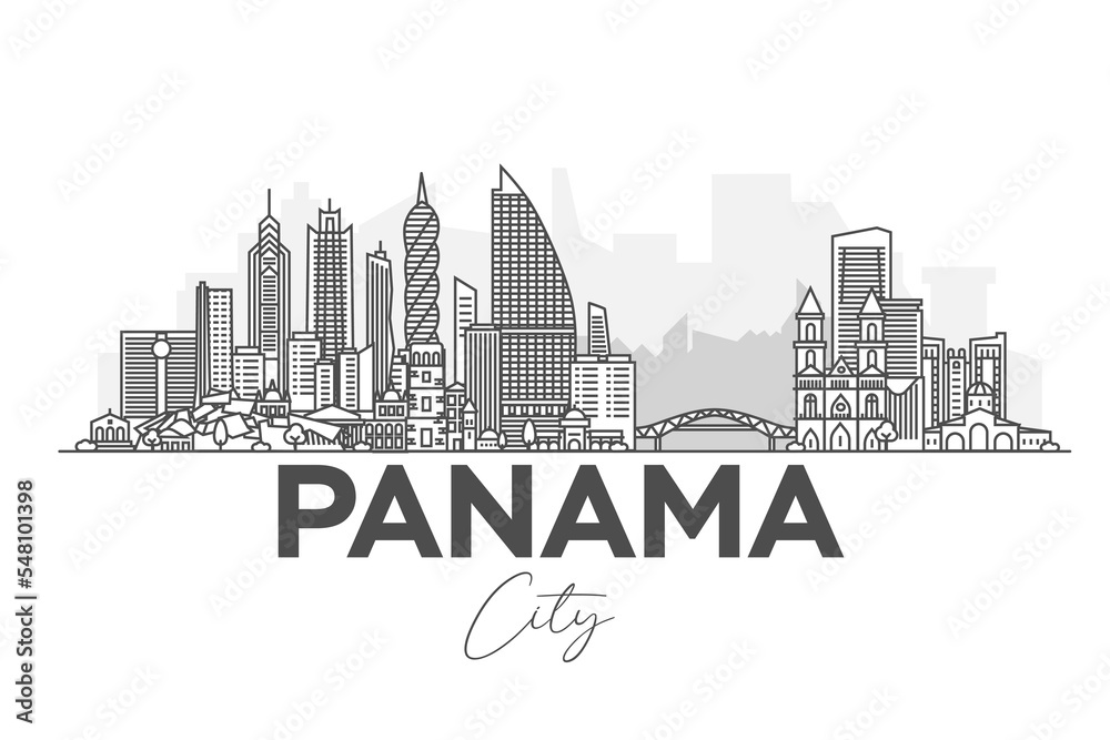 Panama City, Republic of Panama architecture line skyline illustration. Linear vector cityscape with famous landmarks, city sights, design icons. Landscape with editable strokes.