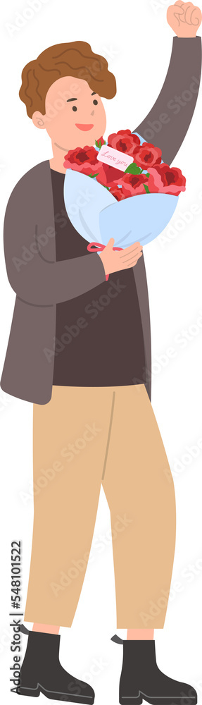 Happy stylish male with bouquet of roses, celebrating holiday, valentine's day or anniversary or birthday Happy stylish male with bouquet of roses, celebrating holiday, valentine's day or anniversary or birthday