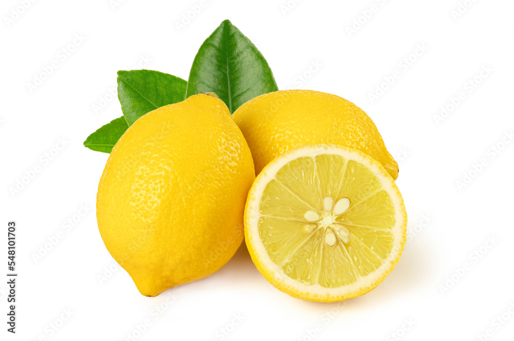 Fresh lemon with half and leaves isolated on white background.