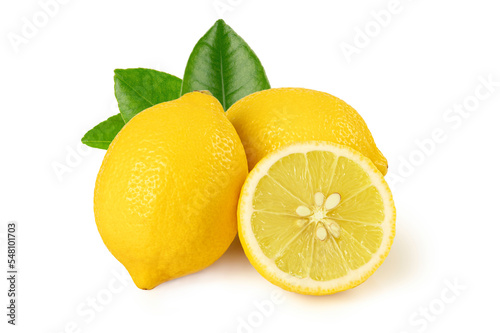 Fresh lemon with half and leaves isolated on white background.