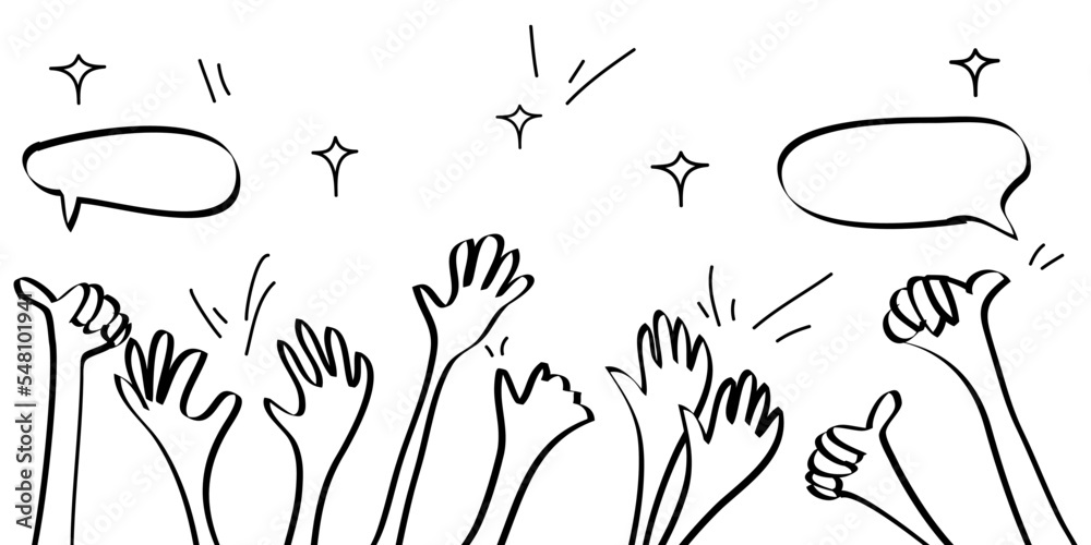 Doodle hands clapping ovation. applause, thumbs up gesture on hand drawn style. vector illustration