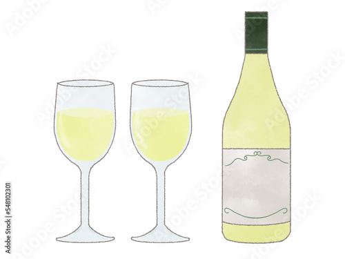 主線ありの白ワインイラスト（ワイングラスとワインボトル）
