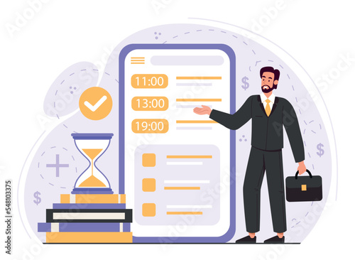 Politician online concept. Man in suit with briefcase in front of phone with scheduled meetings. Successful entrepreneur or investor. Financial literacy metaphor. Cartoon flat vector illustration