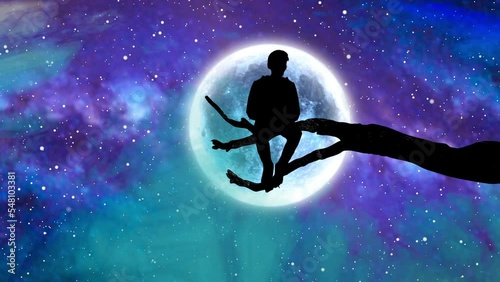 Fantasy Man Sitting Alone On A Tree Branch At Night