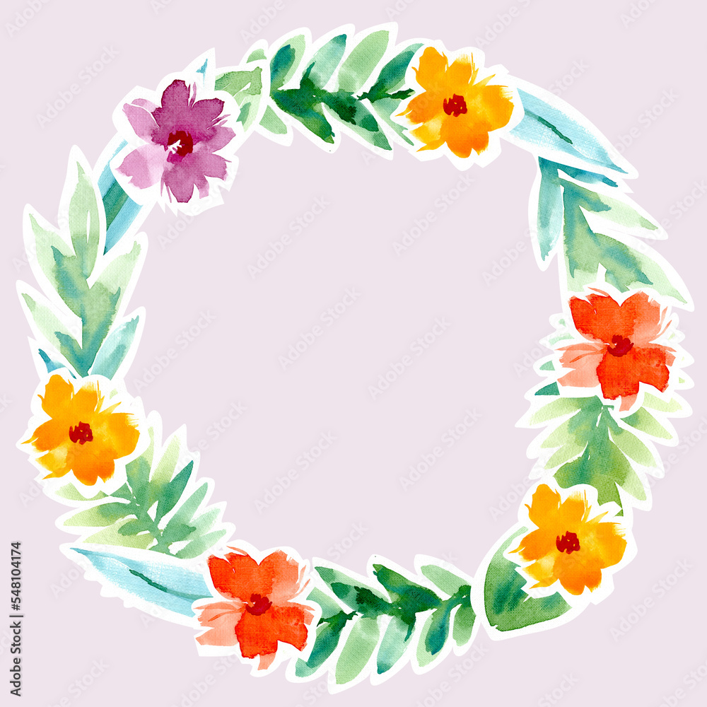 Round wreath of leaves and flowers. Watercolor wreath of roses, buds, leaves. Hand-drawn floral botanical wreath for invitation, design