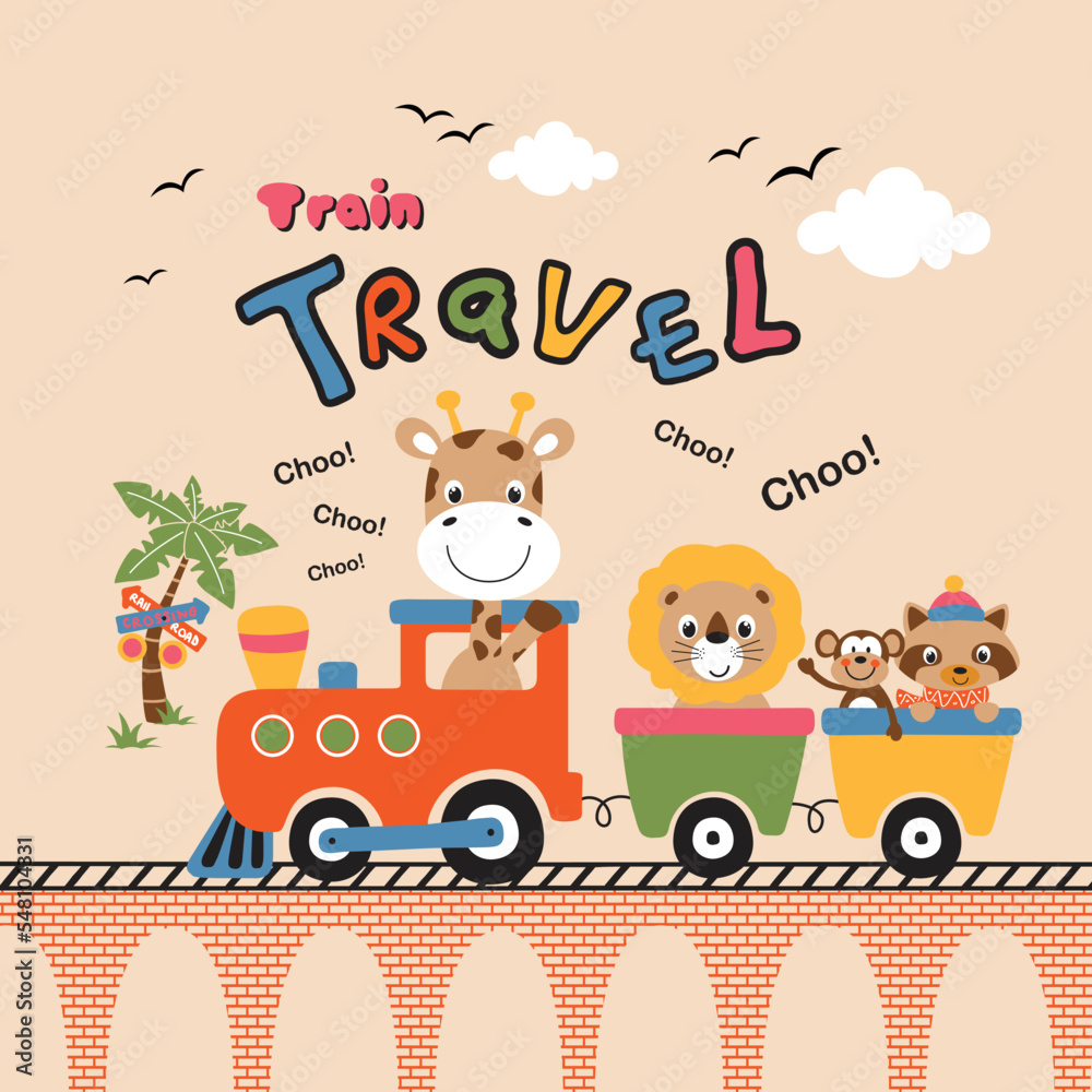 cute animal travel with train vector