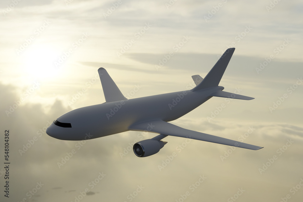 Obraz premium 3D Illustration White passenger Aircraft. Airplane flying in blue cloudy sky
