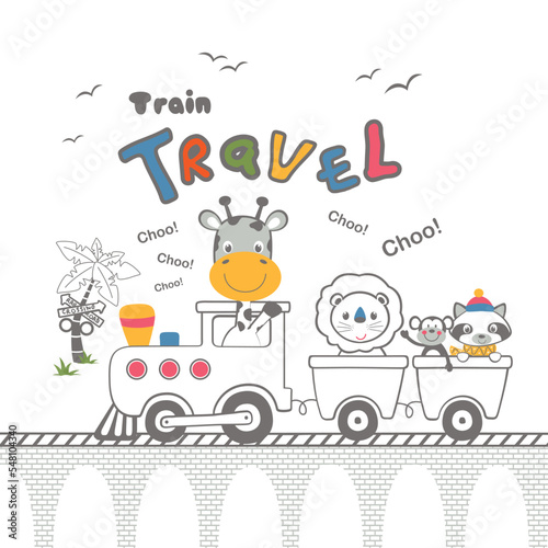 cute animal travel with train vector