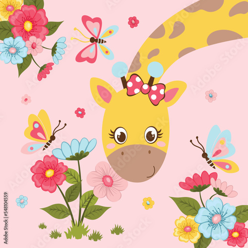 cute giraffe on beautiful flower vector background