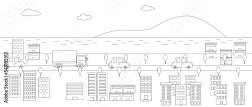 海と自然の見える街・道路の風景イラスト（線画）