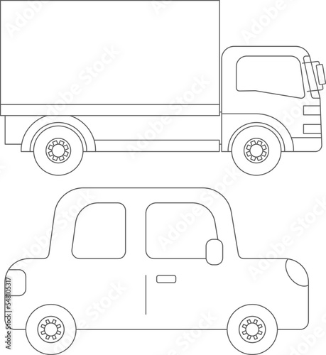 トラックと自動車のイラスト（線画）
