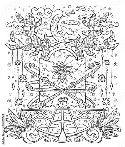 Mystic vector illustration with grave, moon, occult, esoteric and gothic symbols, black and white coloring page