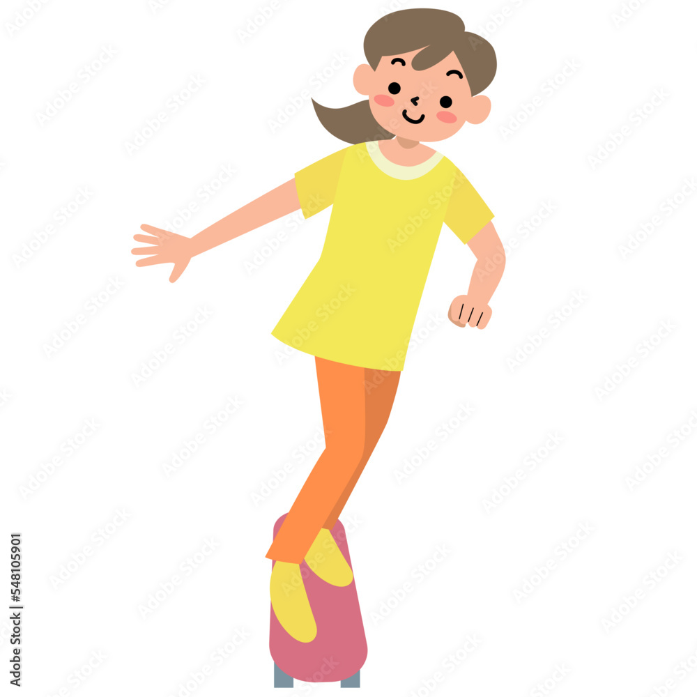スケートボードに乗る笑顔の女の子 スケートボードに乗る笑顔の女の子