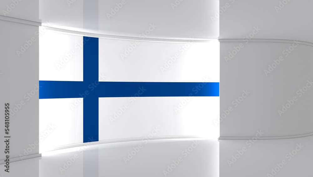 TV studio. Finnish flag studio. Finnish flag background. News studio. The perfect backdrop for any green screen or chroma key video or photo production. 3d render. 3d TV studio. Finnish flag studio. Finnish flag background. News studio. The perfect backdrop for any green screen or chroma key video or photo production. 3d render. 3d