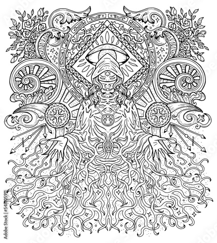 Mystic vector illustration with magician in cape and hood, occult, esoteric and gothic symbols, black and white coloring page
