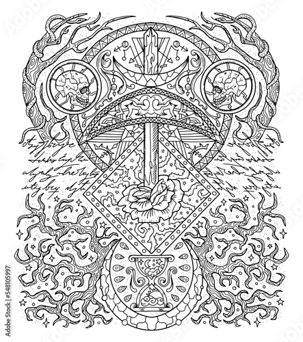 Mystic vector illustration with spiritual handwritten letters, occult, esoteric and gothic symbols, black and white coloring page