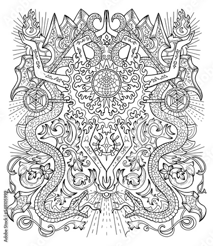 Mystic vector illustration with snake, occult, esoteric and gothic symbols, black and white coloring page