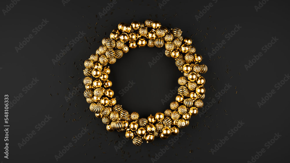 Obraz premium Happy New Year circle of golden baubles with glitter, Christmas decoration. Realistic 3d render illustration of gold balls on black background