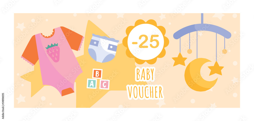 Obraz premium Baby goods voucher. Discounts and promotions, coupon, special offer for regular customers, poster or banner for website. Cashback and loyalty program metaphor. Cartoon flat vector illustration