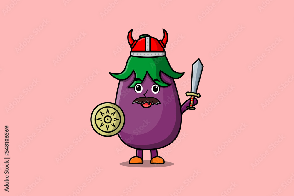 Cute cartoon character Eggplant viking pirate with hat and holding sword and shield illustration