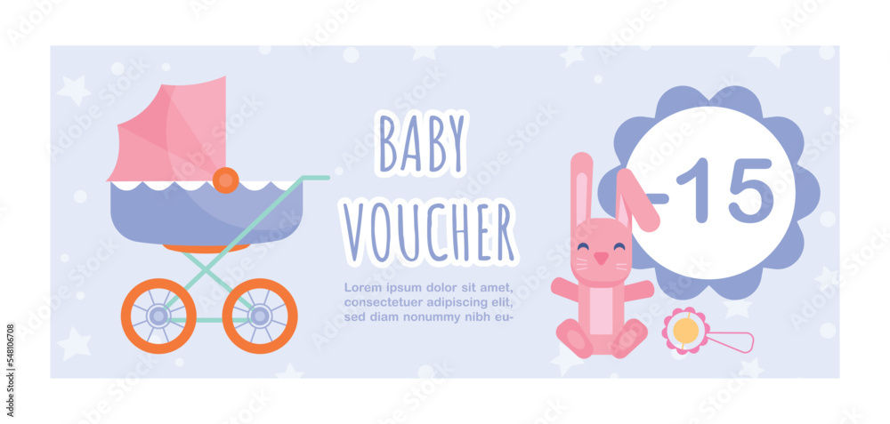 Fototapeta premium Baby goods voucher. Graphic element for website. Poster or banner. Special offer for regular customers, coupon. Modern Marketing Methods and promotion on Internet. Cartoon flat vector illustration