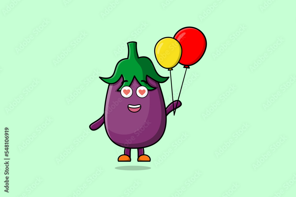 Cute cartoon Eggplant floating with balloon cartoon vector illustration concept flat cartoon style