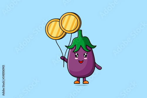 Cute cartoon Eggplant floating with balloon cartoon vector illustration concept flat cartoon style