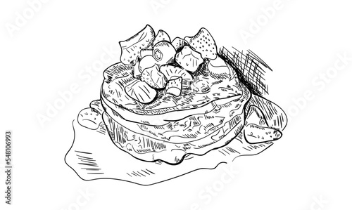 Vector vintage pancake drawing. Hand drawn monochrome food illustration. Great for menu, poster or label. Sketch of Pancakes with berries and honey.Healthy summer american breakfast